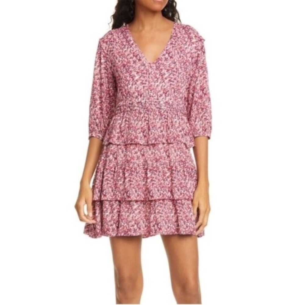ba&sh Nina Floral Mini Dress Fuchsia Pink Tiered Ruffle V-Neck Size M